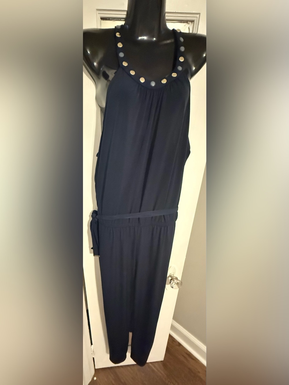 Michael Kors Navy Blue Studded Neck Halter Jumpsuit Elastic Waist Belted Sz XL